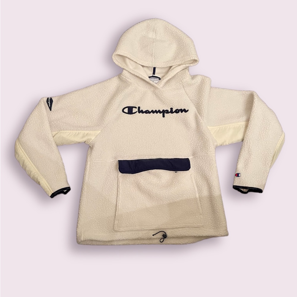 Champion Logo Sherpa Fleece Pullover Hooded Sweater Kangaroo Pouch Size Women M - Picture 1 of 5